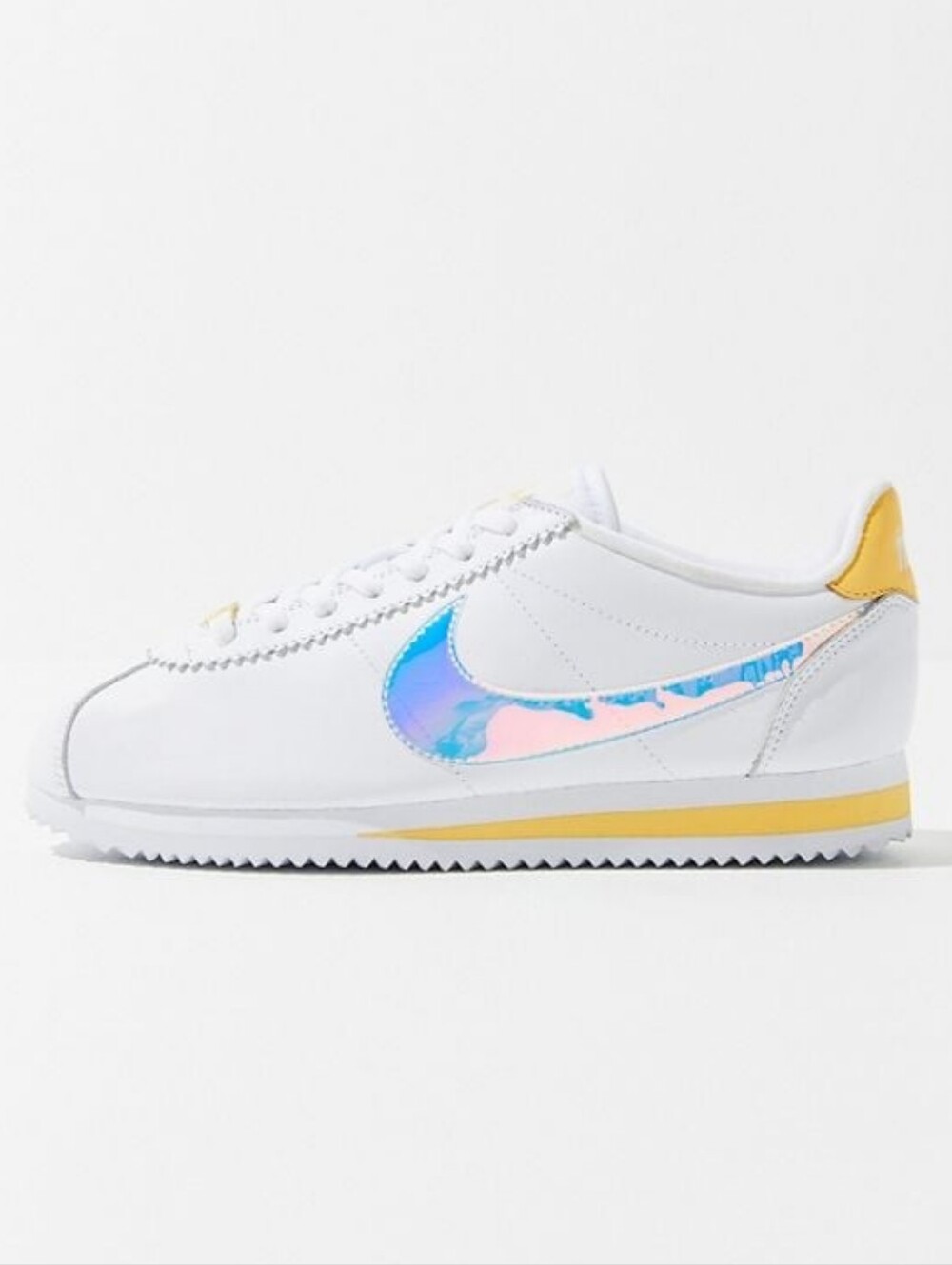 NEW Nike Women’s Classic Cortez Leather Sneaker White Iridescent Swoosh Holograp